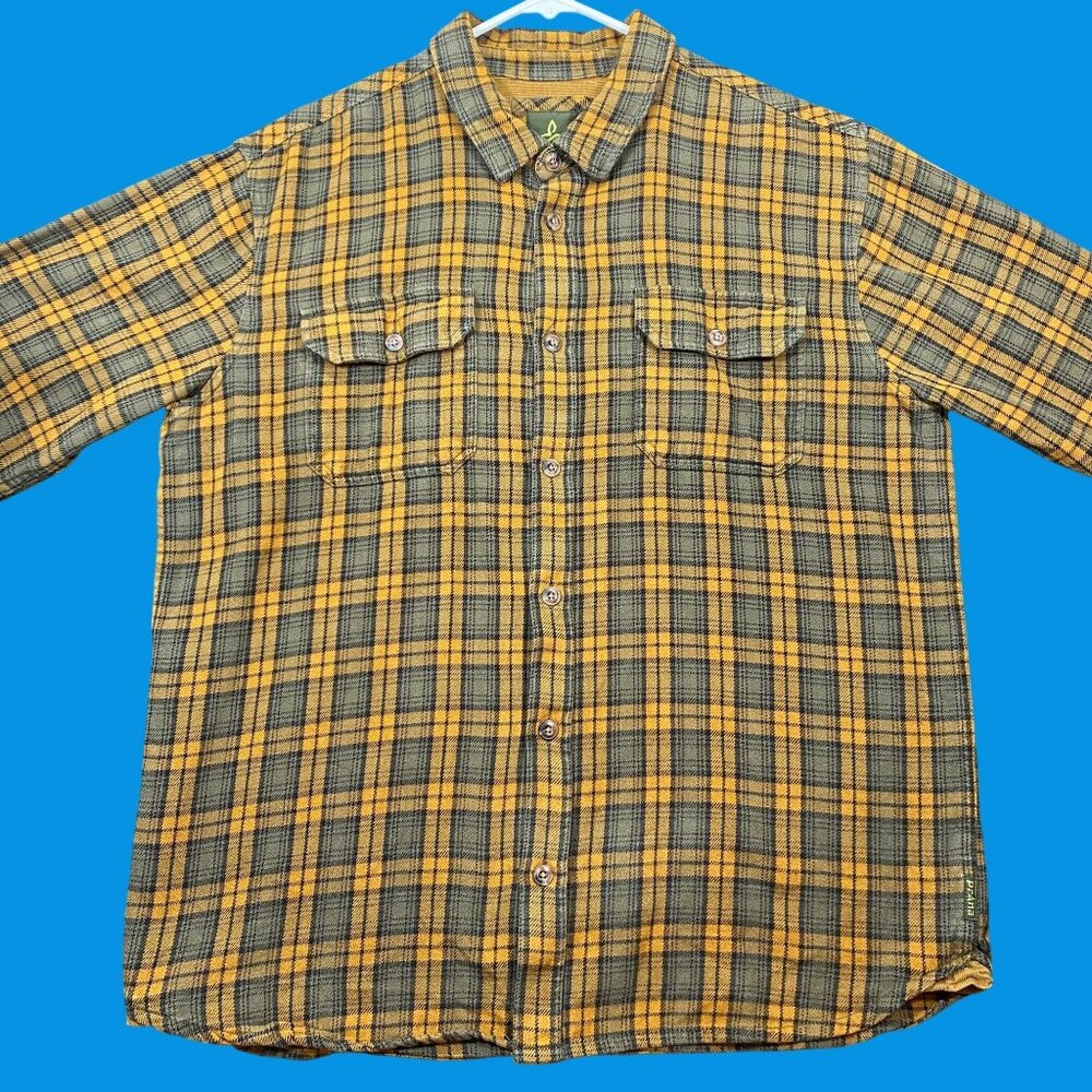 Prana Mens Organic Cotton Plaid Button-Up Shirt Casual Brown/Green Size X-Large